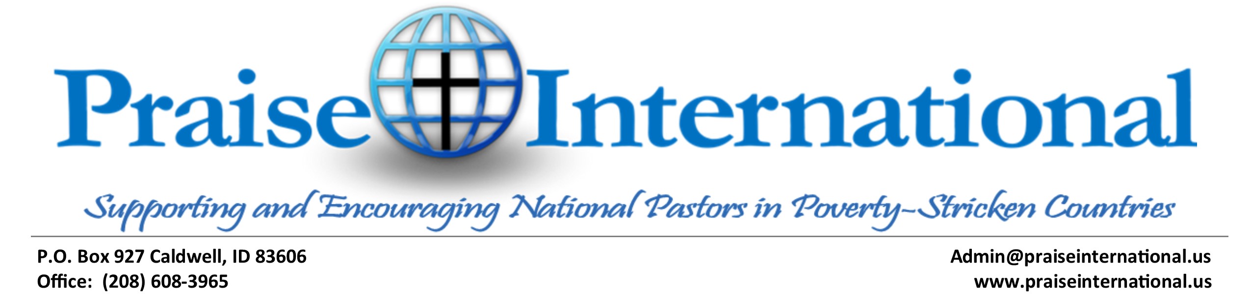 Praise International logo with address footer